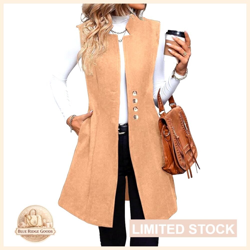 Long Wool Vest Sleeveless Trench Coat Classic Fit Outerwear Fall Winter